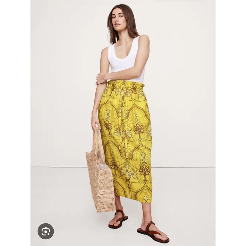 NWT XS Banana Republic Yellow European Linen Midi Skirt with Paper Bag Waist